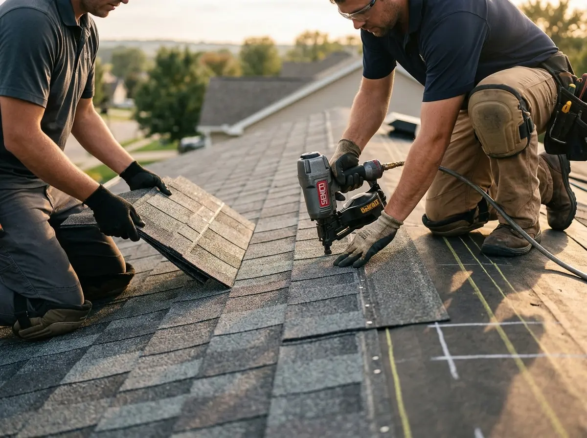Professional roofer working on a residential roof in North Bergen